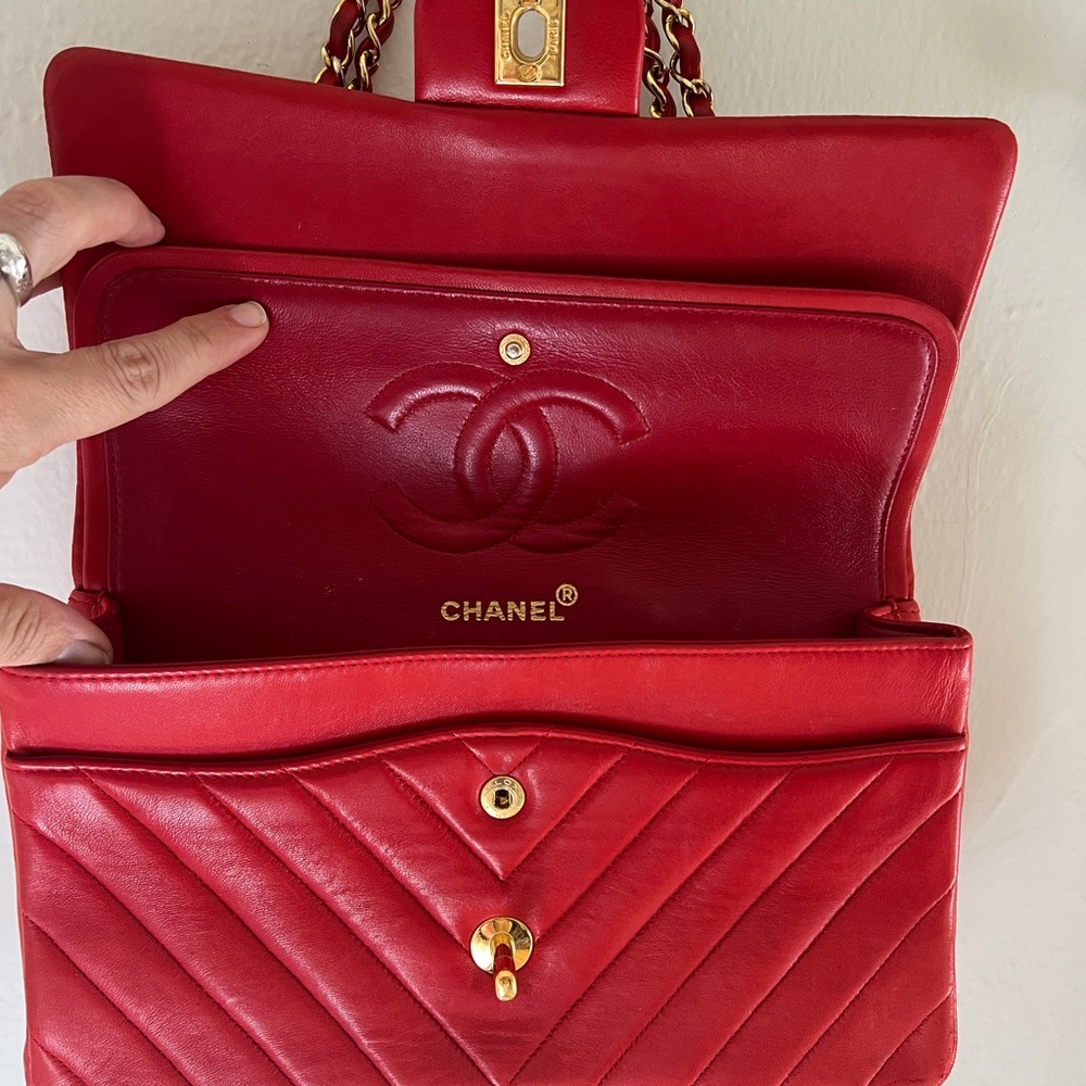 CHANEL Medium Double Flap Purse Vintage Red Chevron Quilted Leather and Gold